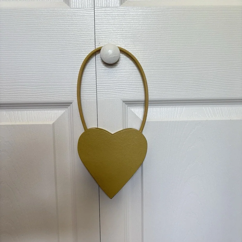 Vintage 80s 90s Wooden Hanging Heart Decoration Yellow Handmade United States